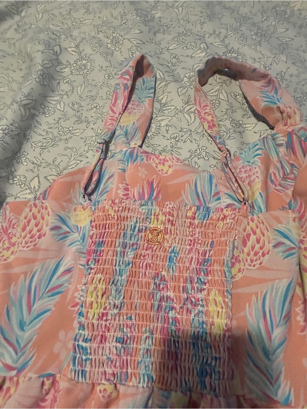 Simply Southern Peach Pineapple Print Sundress with Blue and Pink Leaves - Picture 3 of 6